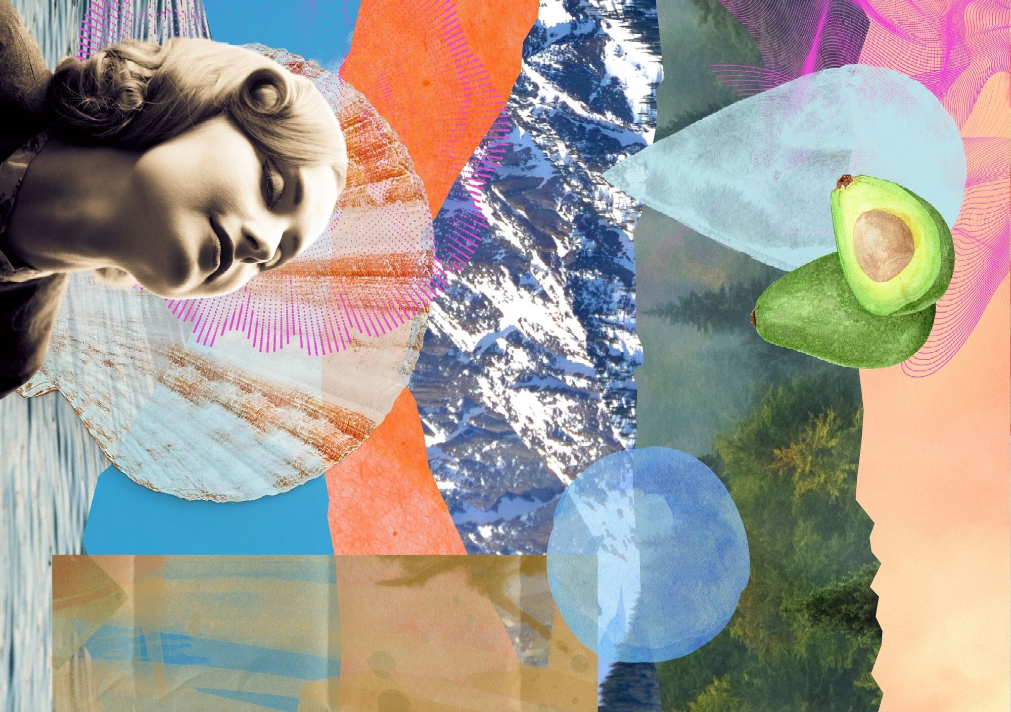 Abstrakt collage med en kvindes profil, snedækkede bjerge og en avocado.