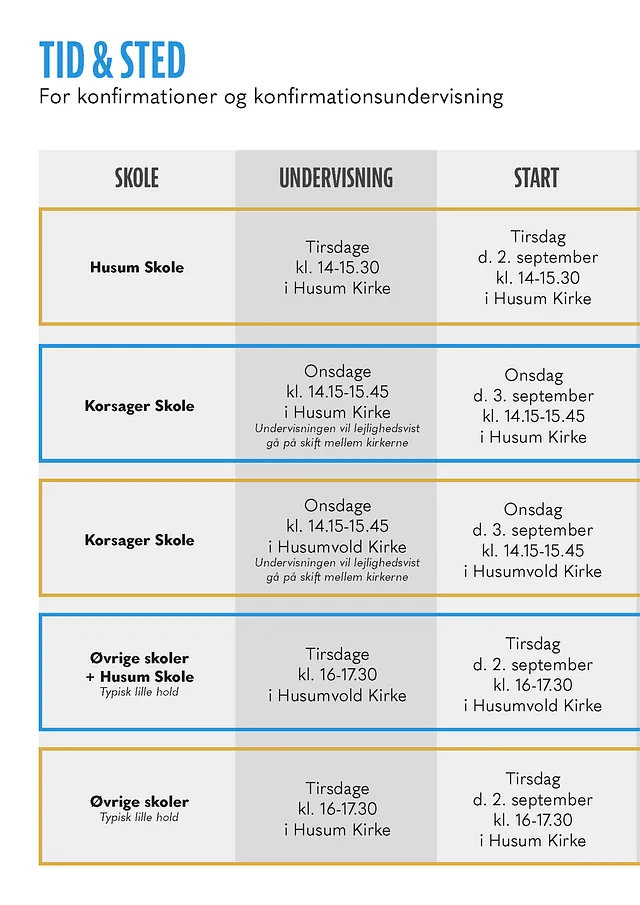 Skema over tider for konfirmationsforberedelse 2026 i de lokale kirker.
