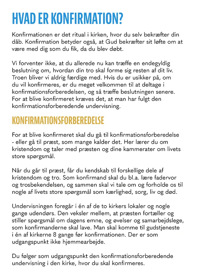Informationsfolder om konfirmationsforberedelse i Husum Kirke og Husumvold Kirke.