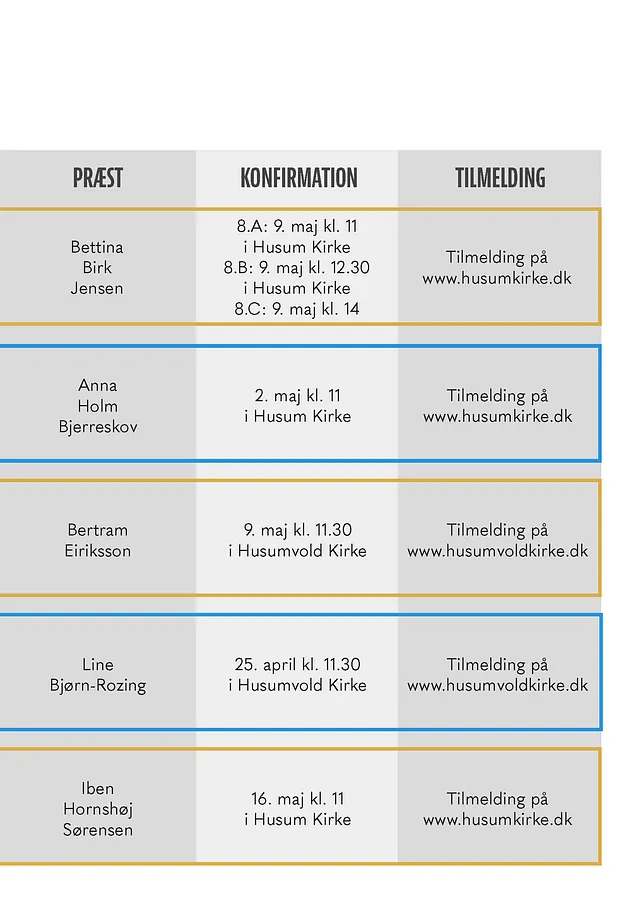 Skema over konfirmationsdatoer og tilmelding for lokale kirker i 2026.