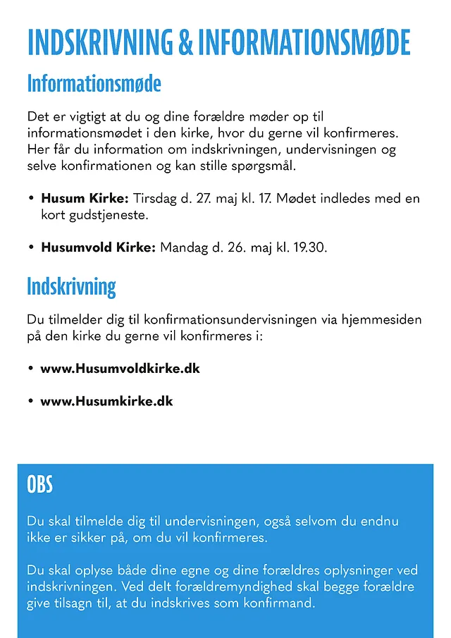 Information om indskrivning og møder for konfirmationer 2026.