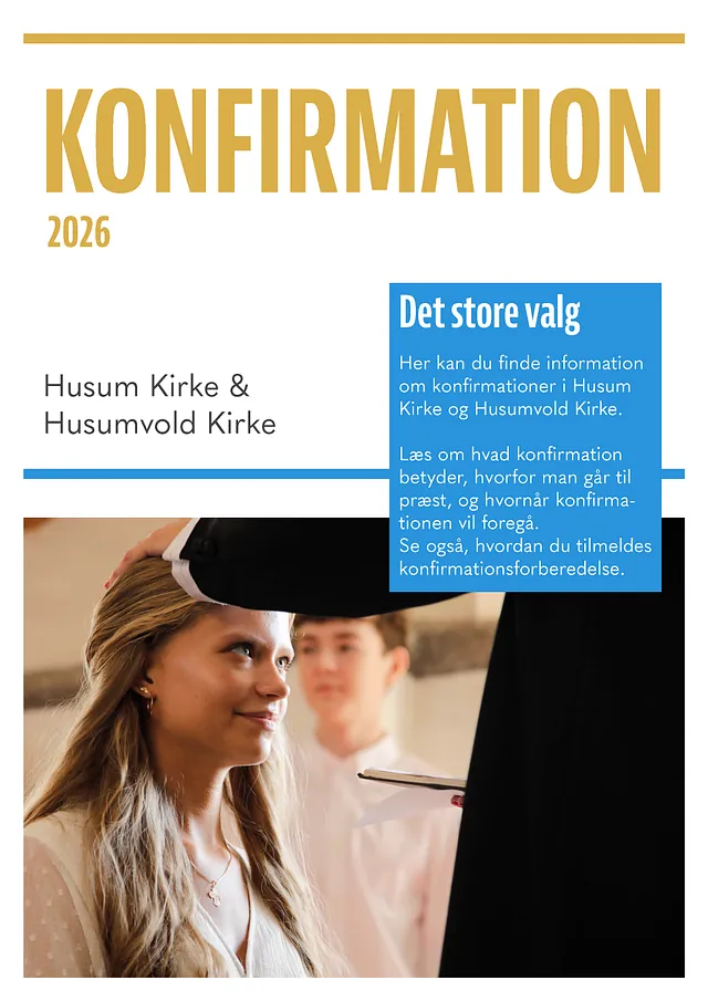 Plakat for konfirmationer 2026 i Husum Kirke og Husumvold Kirke.